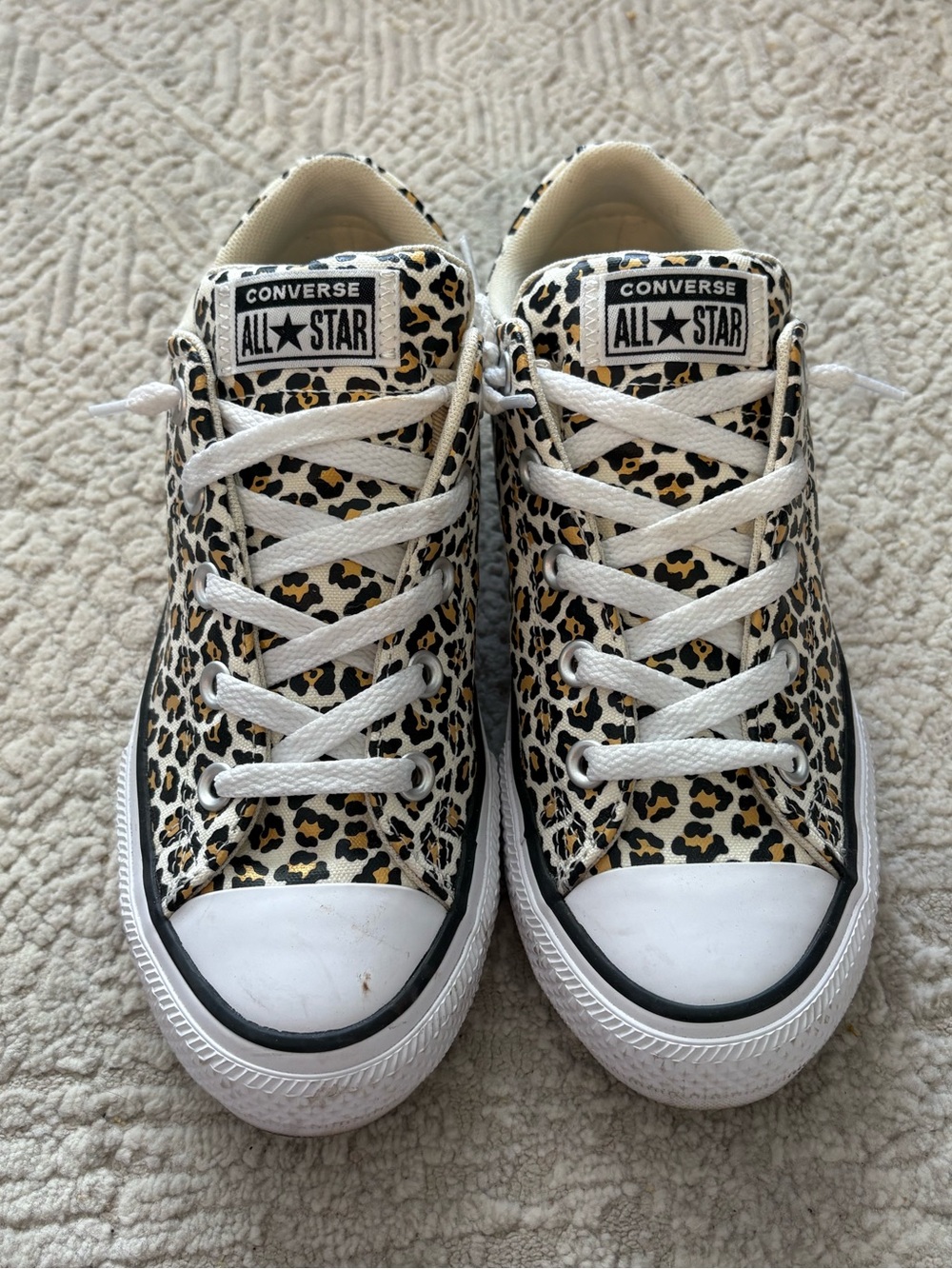 Converse Kids Leopard Print Low Top Sneakers in White, Black, Tan